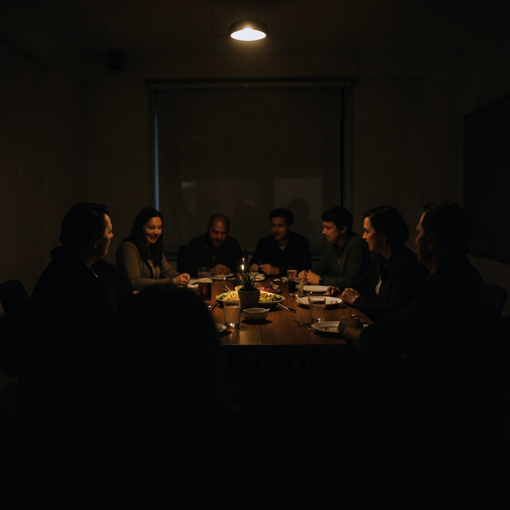 A dark square image of a community meeting in progress, shadowy figures around a table, warm accent light